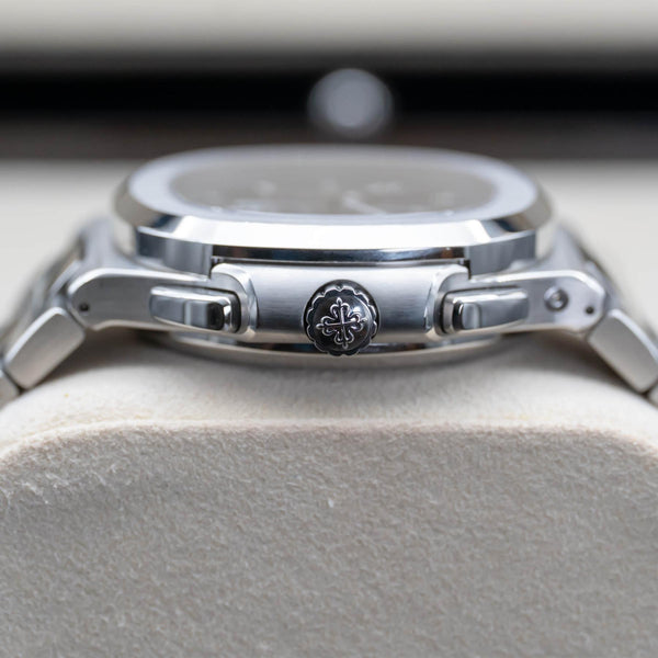 Opposite side view of Patek Philippe Nautilus Travel Time 5990/1A case