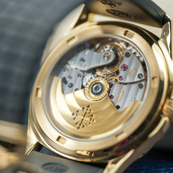 Caseback of Patek Philippe Aquanaut 5066J Yellow Gold Black Dial showing movement