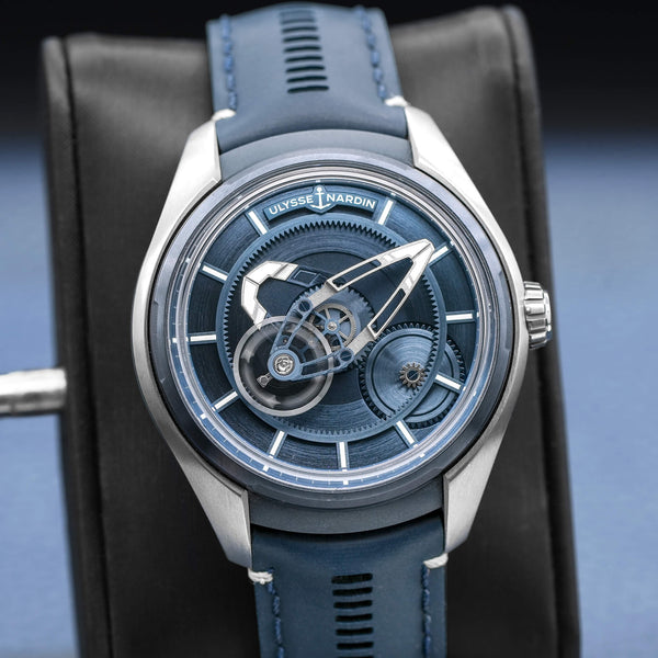 Slight angled view of Ulysse Nardin Freak X Titanium Blue Dial