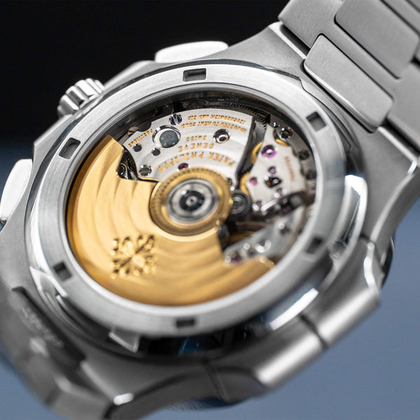 Caseback of Patek Philippe Nautilus Travel Time 5990/1A showing movement
