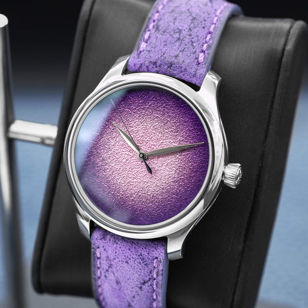 Angled opposing view with reflection of H. Moser & Cie Centre Seconds Purple Enamel 1201-1200