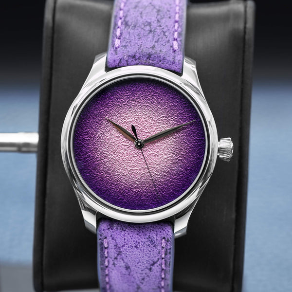 Slight angled view showing crown on H. Moser & Cie Centre Seconds Purple Enamel 1201-1200