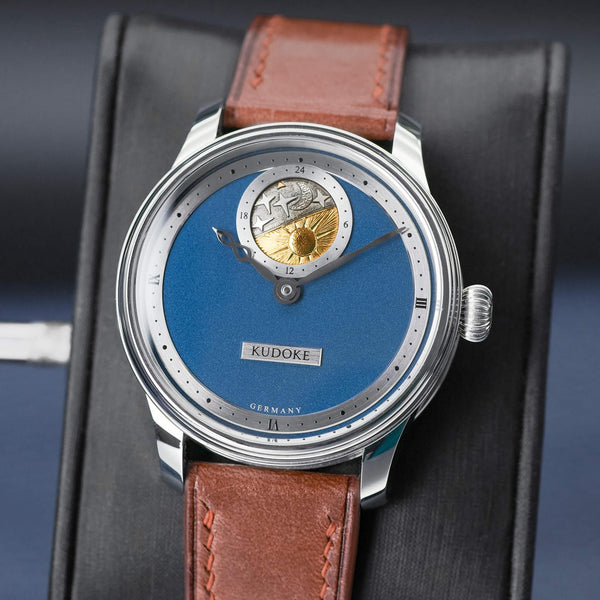 Slight angled view showing crown on Kudoke 2 "Deep Blue" Limited Edition