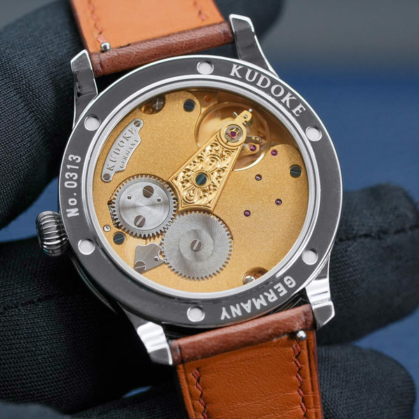 Caseback of Kudoke 2 "Deep Blue" Limited Edition showing movement
