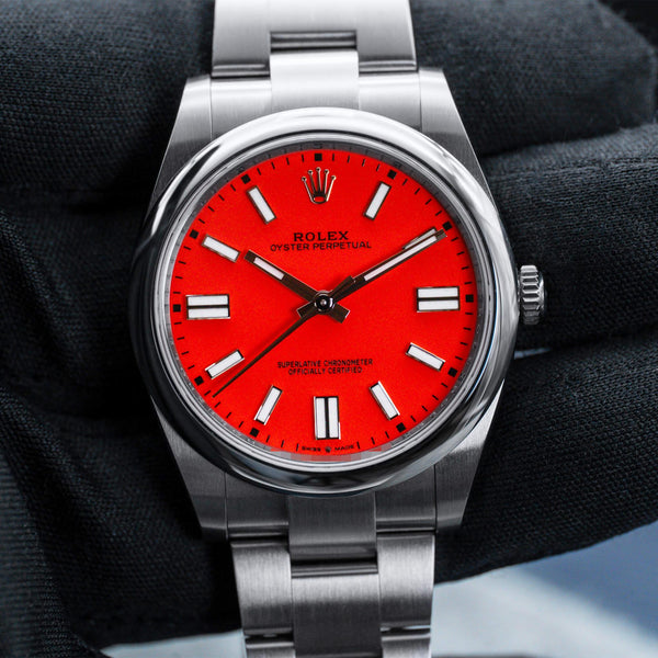 Rolex Oyster Perpetual 124300 Coral Red Dial Discontinued 41mm Box & Papers