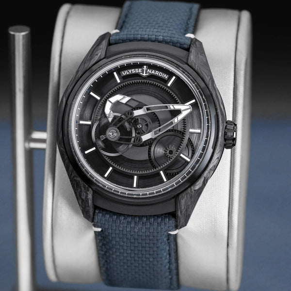 Slight angled view showing crown on Ulysse Nardin Freak X Carbon 2303-270/CARB