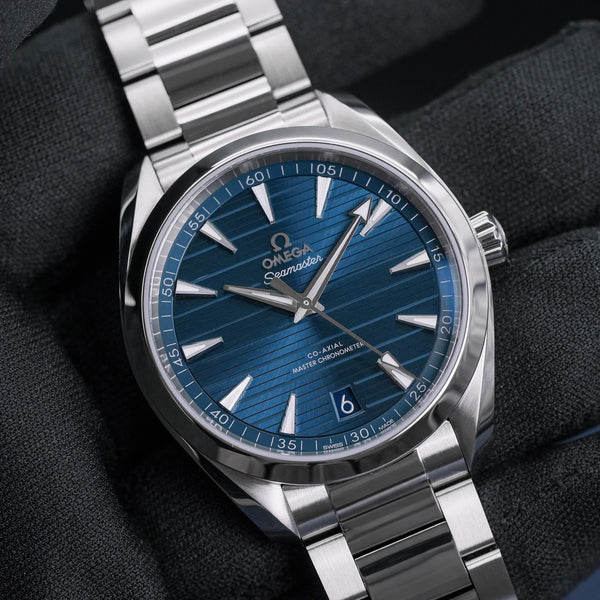 Front view of Omega Seamaster Aqua Terra Blue Teak Dial