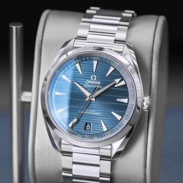 Angled opposing view with reflection of Omega Seamaster Aqua Terra Blue Teak Dial