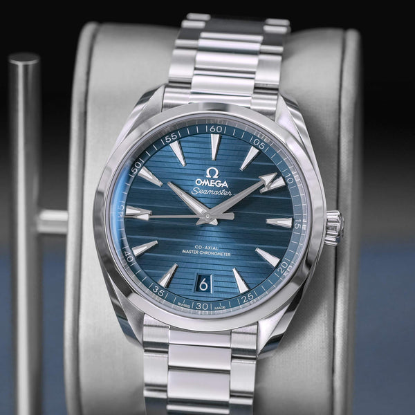 Slight angled view showing crown on Omega Seamaster Aqua Terra Blue Teak Dial