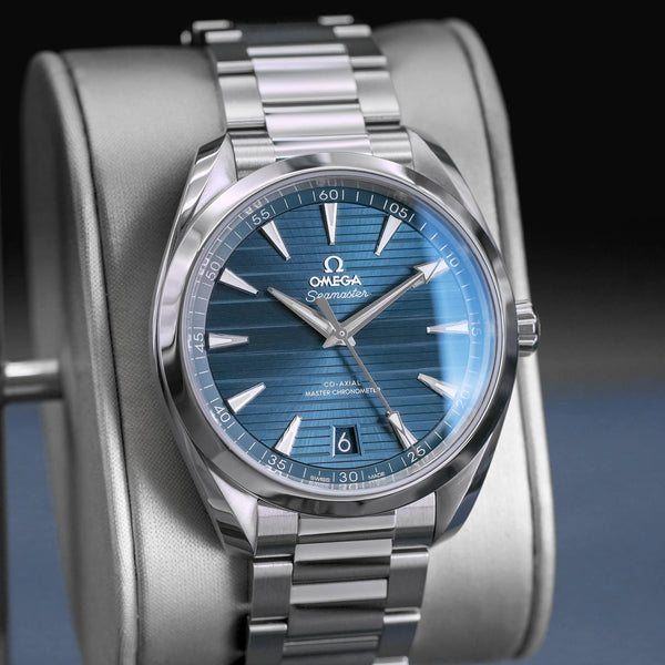 Angled view with reflection of Omega Seamaster Aqua Terra Blue Teak Dial