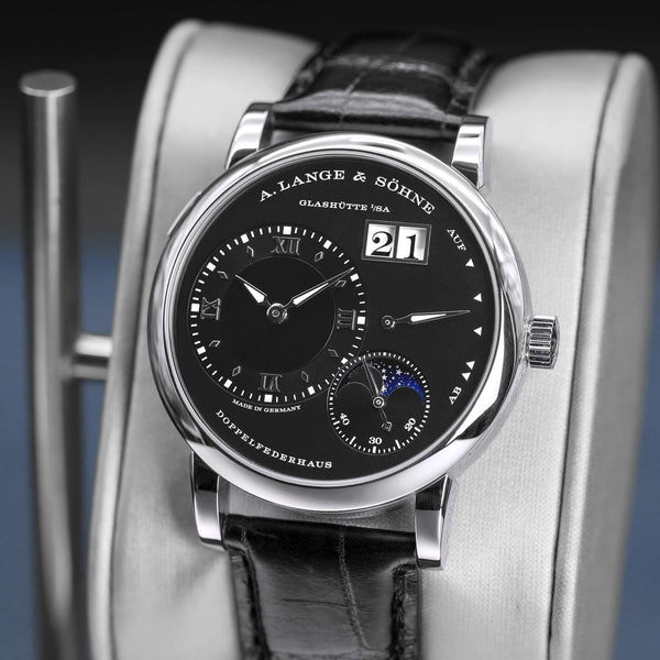 Slight angled view showing crown on A. Lange & Sohne Lange 1 192.029 Moon Phase