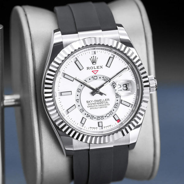 Close-up angled view of Rolex Sky-Dweller 336239 White Dial Oyster Flex