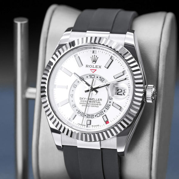 Angled opposing view with reflection of Rolex Sky-Dweller 336239 White Dial Oyster Flex