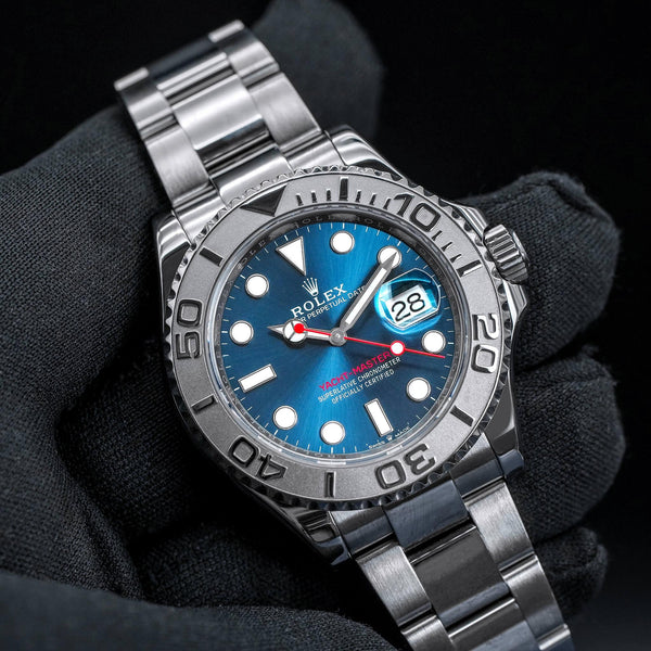 Front view of Rolex Yacht-Master 126622 "Captain America" Blue Dial in gloved hand