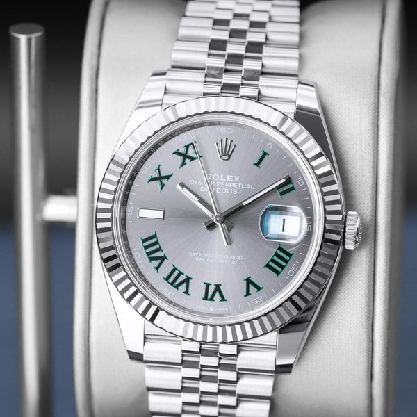 Slight angled view showing crown on Rolex Datejust Wimbledon 126334 Slate Dial