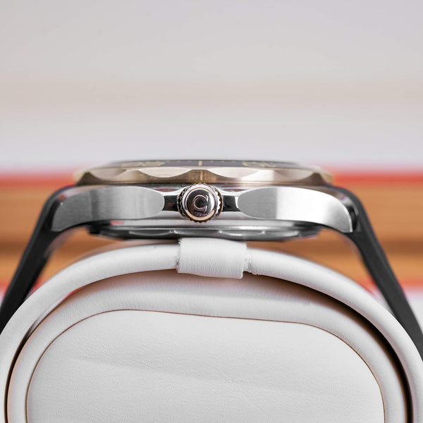 Side profile of Omega Seamaster Diver 300M Black Dial Sedna Gold