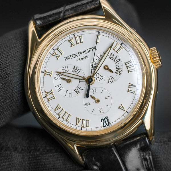 Angled macro view of Patek Philippe Annual Calendar 5035J Yellow Gold