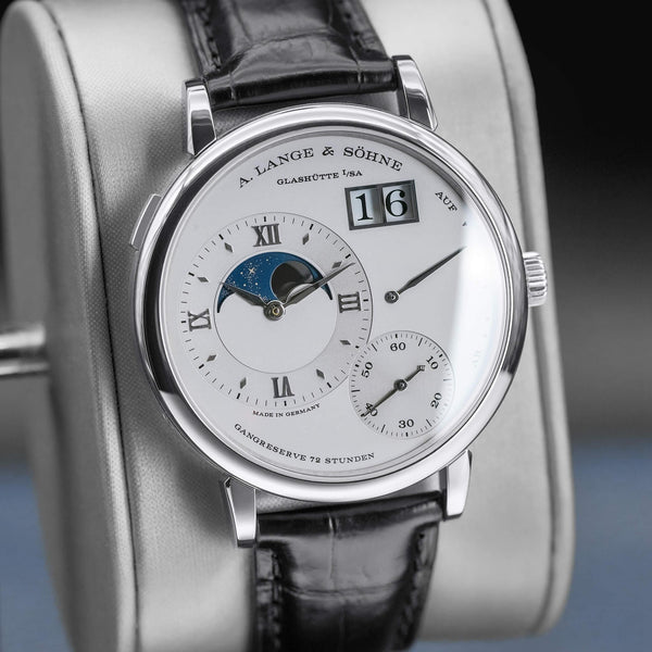 Angled view with reflection of A. Lange & Sohne Grand Lange 1 139.025 Platinum