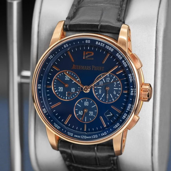 Slight angled view showing crown on Audemars Piguet Code 11.59 Chronograph 26393OR Blue Dial