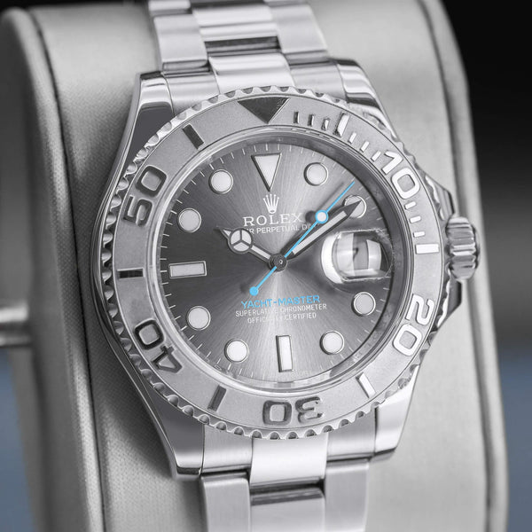 Close-up angled view of Rolex Yacht-Master 116622 Rhodium Dial