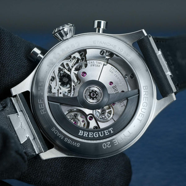 Caseback of Breguet Type XX Chronograph 2057ST Black Dial showing movement