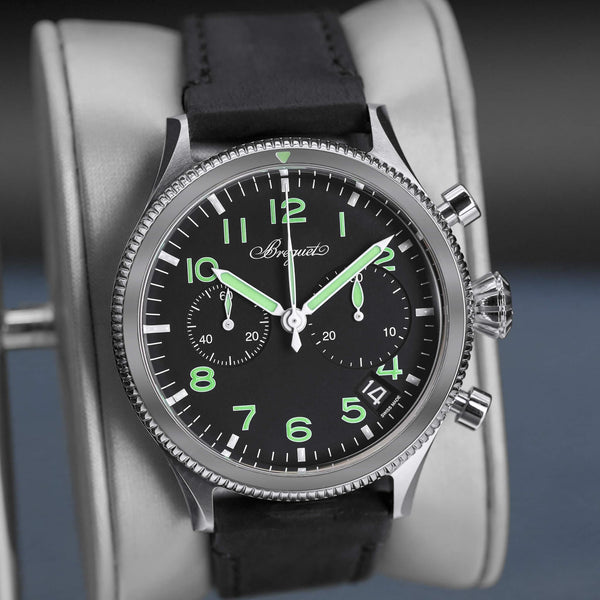 Close-up angled view of Breguet Type XX Chronograph 2057ST Black Dial