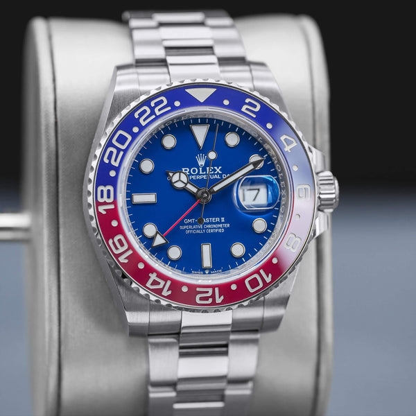 Close-up angled view of Rolex GMT-Master II “Pepsi” 126719BLRO White Gold