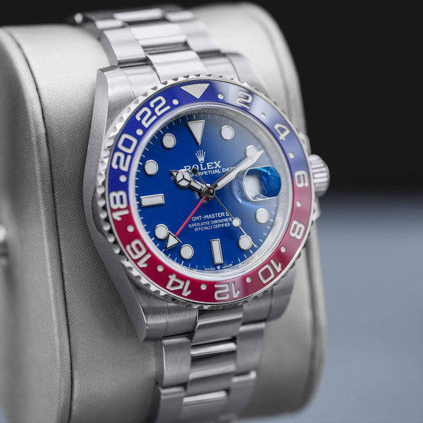 Angled view with reflection of Rolex GMT-Master II “Pepsi” 126719BLRO White Gold