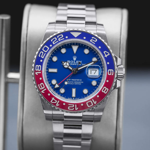 Slight angled view showing crown on Rolex GMT-Master II “Pepsi” 126719BLRO White Gold