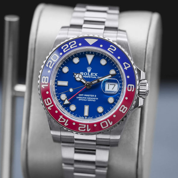 Close-up opposing view of Rolex GMT-Master II “Pepsi” 126719BLRO White Gold