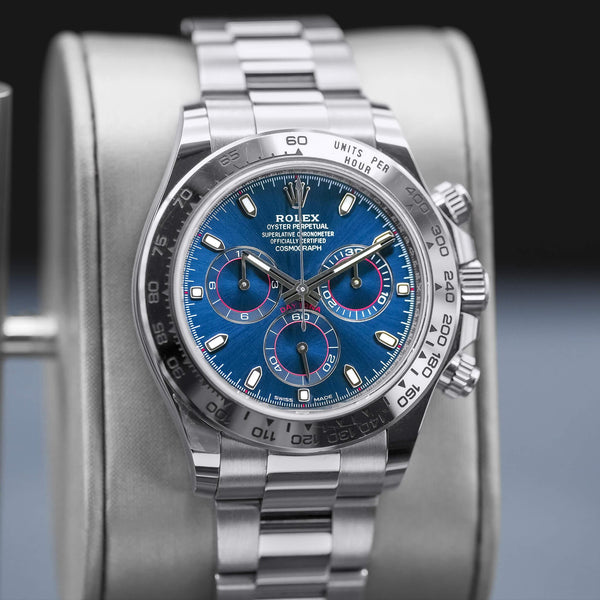 Slight angled view of Rolex Daytona “Blue John Mayer” 116509 White Gold