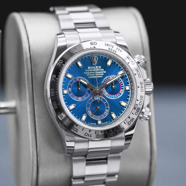 Close-up angled view of Rolex Daytona “Blue John Mayer” 116509 White Gold