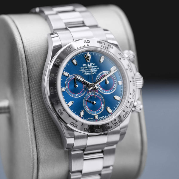 Angled view with reflection of Rolex Daytona “Blue John Mayer” 116509 White Gold