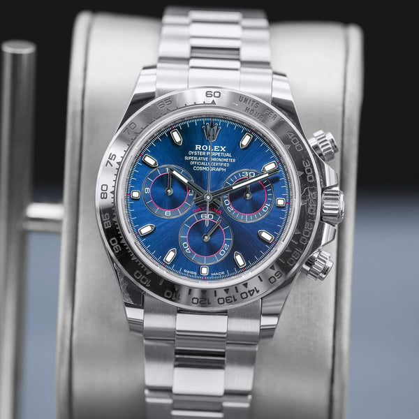 Slight angled view showing crown on Rolex Daytona “Blue John Mayer” 116509 White Gold
