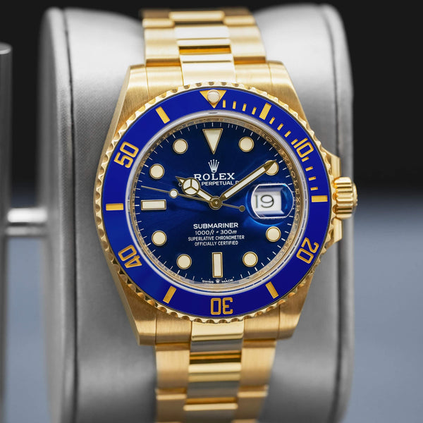 Slight angled view of Rolex Submariner "Bluesy" 126618LB Yellow Gold