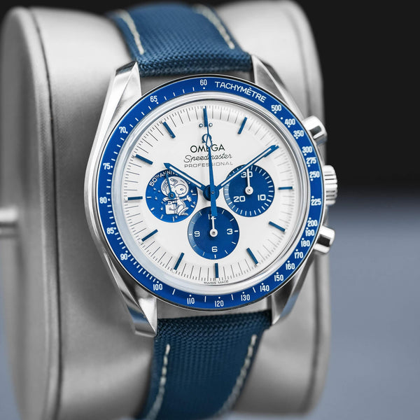 Slight angled view of Omega Speedmaster “Silver Snoopy Award” 50th Anniversary