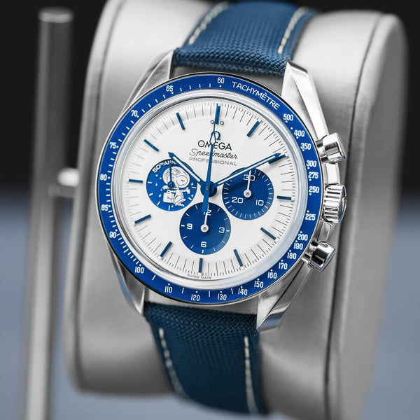 Slight angled view showing crown on Omega Speedmaster “Silver Snoopy Award” 50th Anniversary