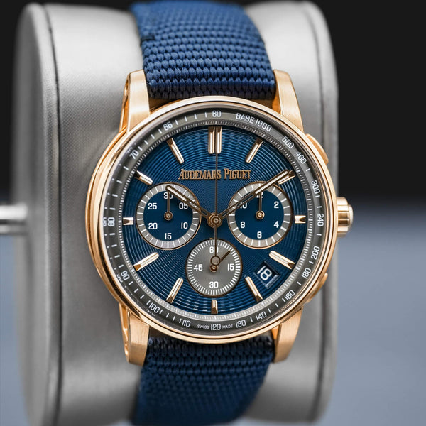 Slight angled view of Audemars Piguet Code 11.59 Chronograph 26393OR Rose Gold