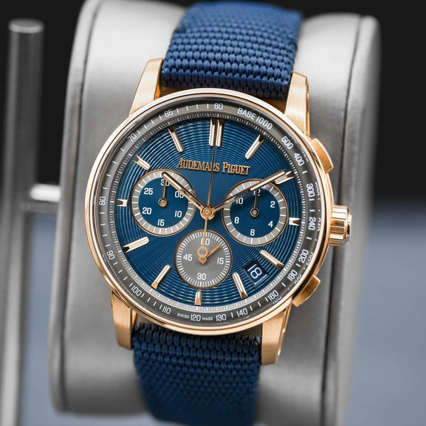 Slight angled view showing crown on Audemars Piguet Code 11.59 Chronograph 26393OR Rose Gold