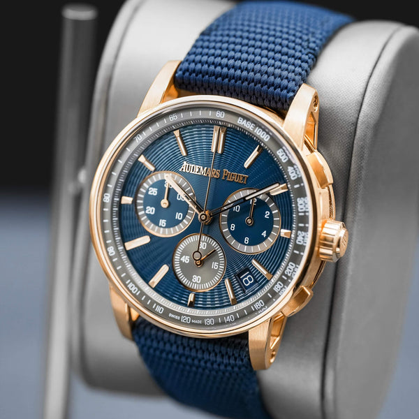 Angled opposing view with reflection of Audemars Piguet Code 11.59 Chronograph 26393OR Rose Gold