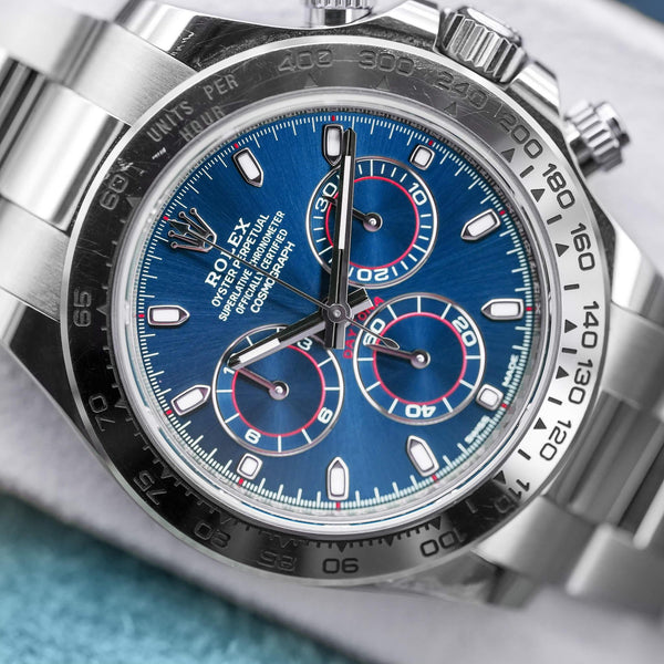 Angled macro view of Rolex Daytona “Blue John Mayer” 116509 White Gold