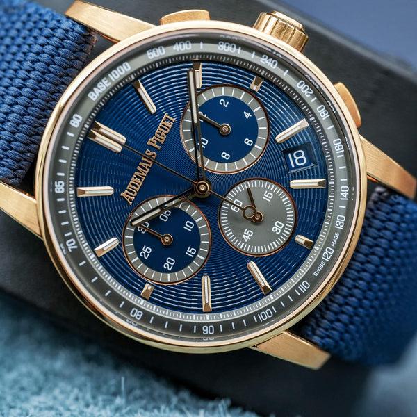 Angled macro view of Audemars Piguet Code 11.59 Chronograph 26393OR Rose Gold