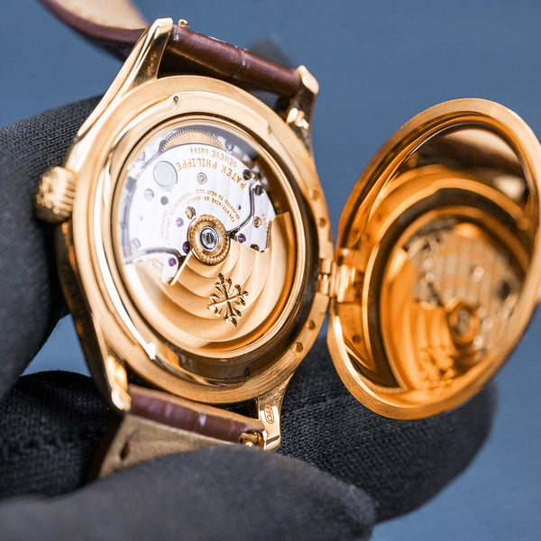 Caseback of Patek Philippe Calatrava 5227J Ivory Dial showing movement
