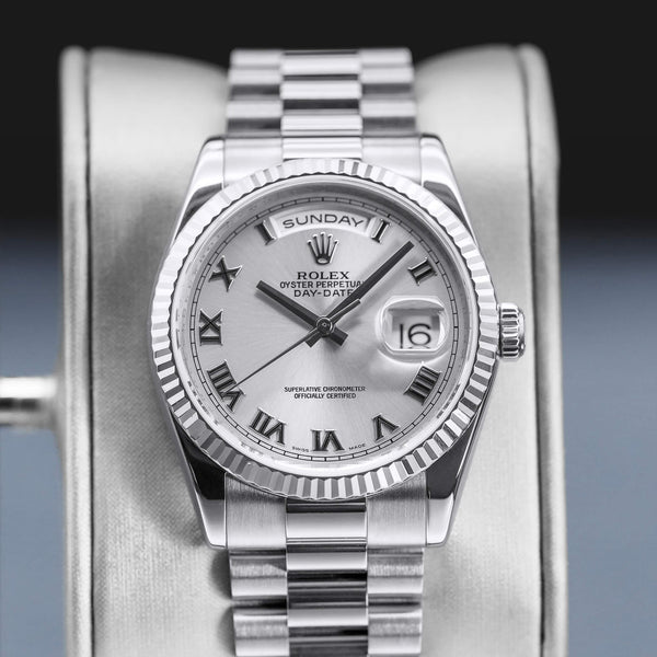 Central view of Rolex Day-Date 118239 Silver Dial