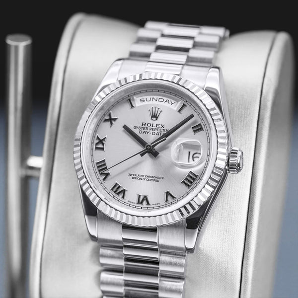 Slight angled view showing crown on Rolex Day-Date 118239 Silver Dial
