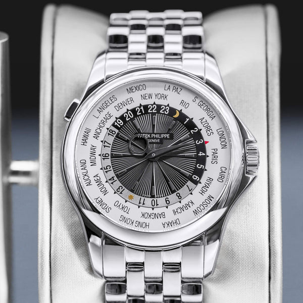 Slight angled view showing crown on Patek Philippe Complications World Time 5130/1G