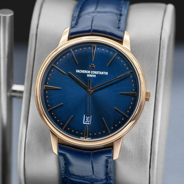 Slight angled view showing crown on Vacheron Constantin Patrimony 85180 Blue Dial