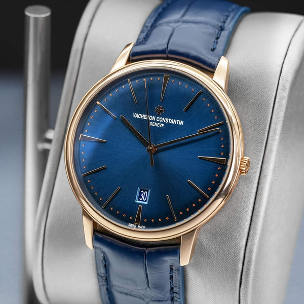 Angled opposing view with reflection of Vacheron Constantin Patrimony 85180 Blue Dial