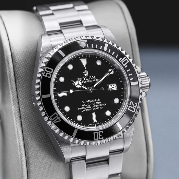 Close-up angled view of Rolex Sea-Dweller 16600 Black Dial