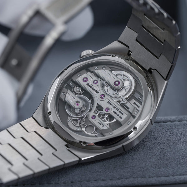 Caseback of Romain Gauthier C Salmon Dial MON00581 showing movement